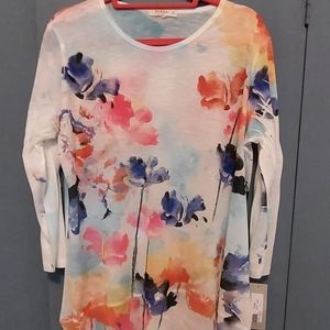 Jess and Jane Lightweight Summer Tunic, Size XL, Floral Watercolor on White